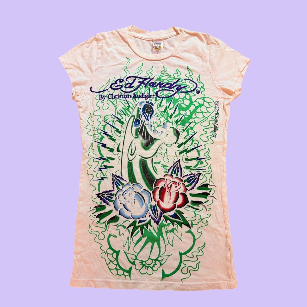 Y2K Ed Hardy Christian Audigier Graphic Tee Scene Grunge #17